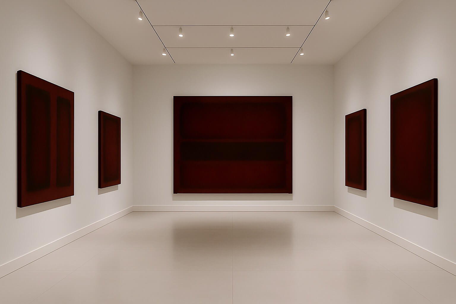 Wide-angle view of Rothko-inspired paintings in a minimalist white gallery space.