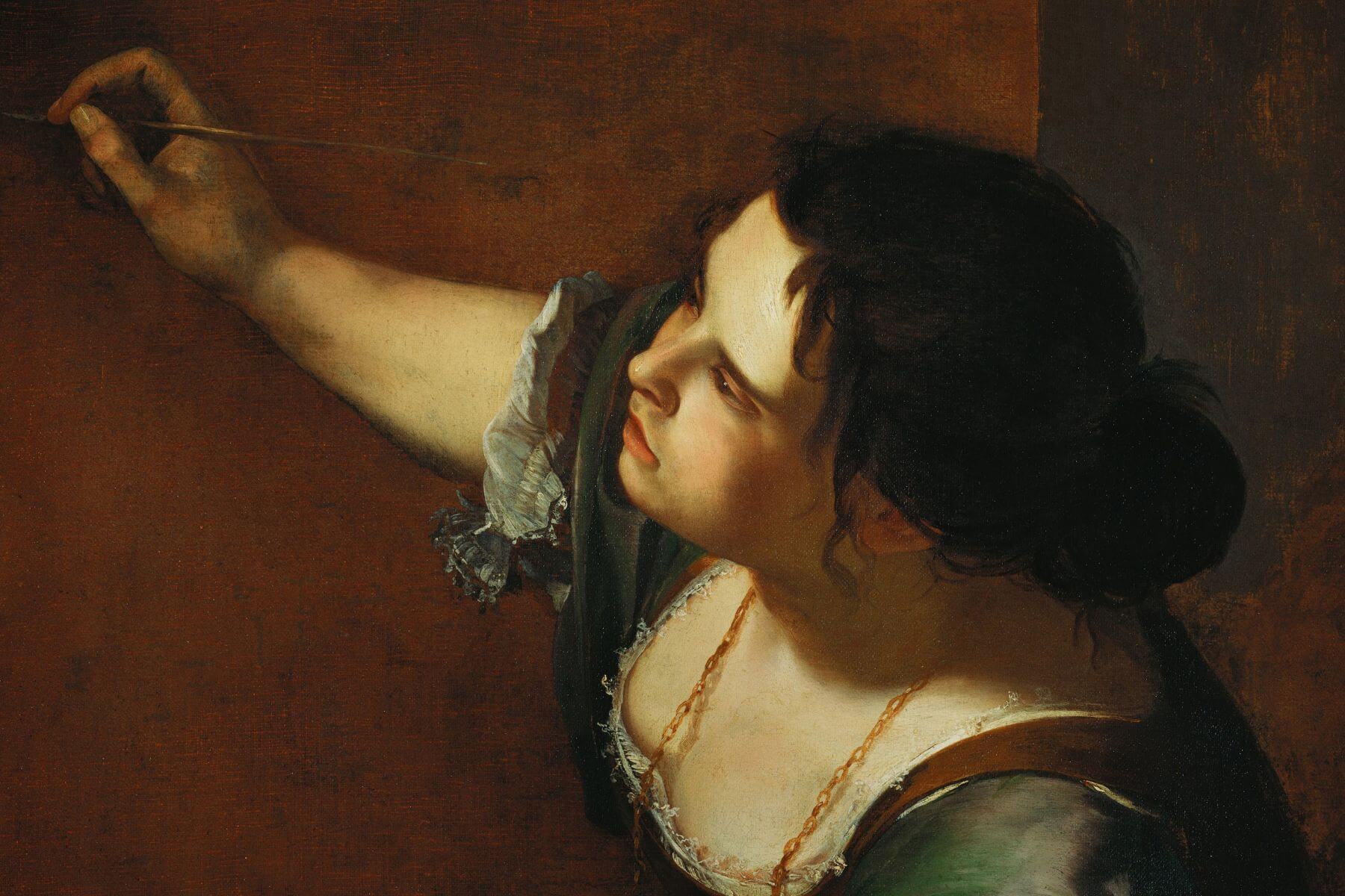 Artemisia Gentileschi painting herself as the Allegory of Painting, holding a brush and palette. Image is cropped.