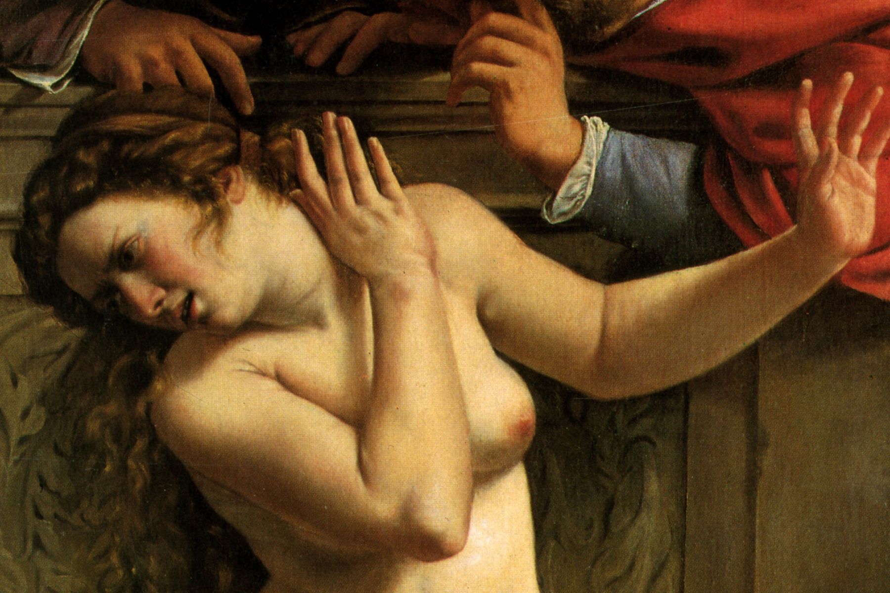 Susanna recoiling from two elders in Artemisia Gentileschi’s early 1610 oil painting. Image is cropped.