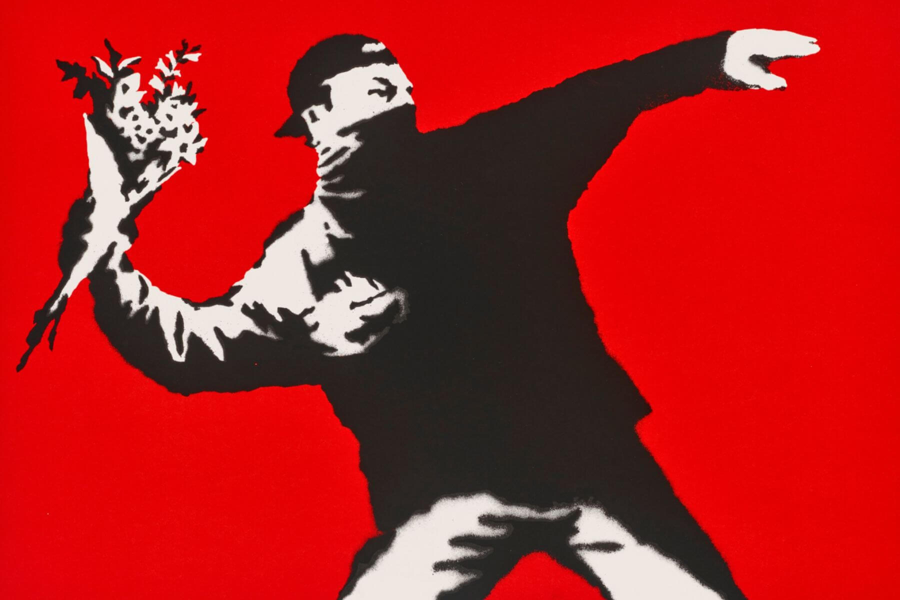 banksy-love-is-in-the-air-2003-the-lawless-muse A masked figure throwing a bouquet like a grenade, depicted in a screenprint style