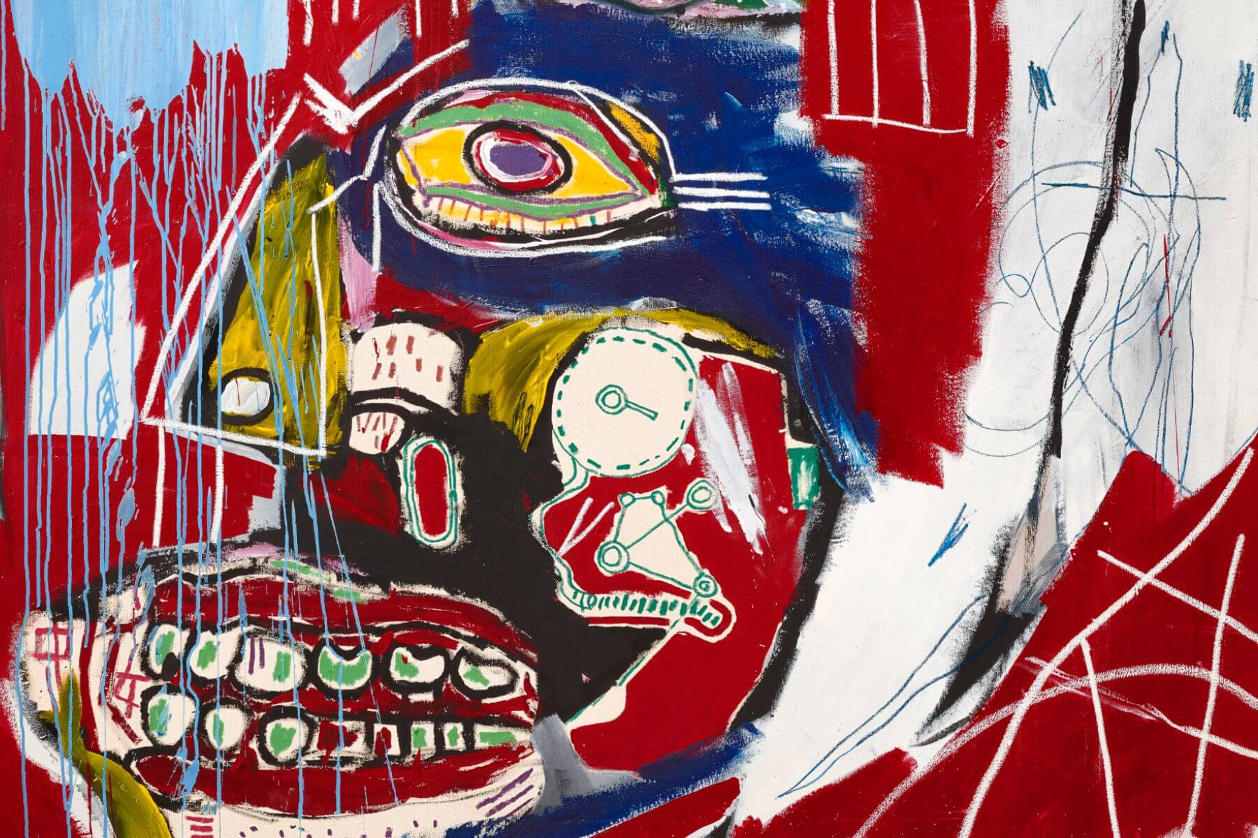 basquiat-in-this-case-1983-the-lawless-muse Jean-Michel Basquiat’s aggressive red face with exposed teeth, layered over intense blocks of color