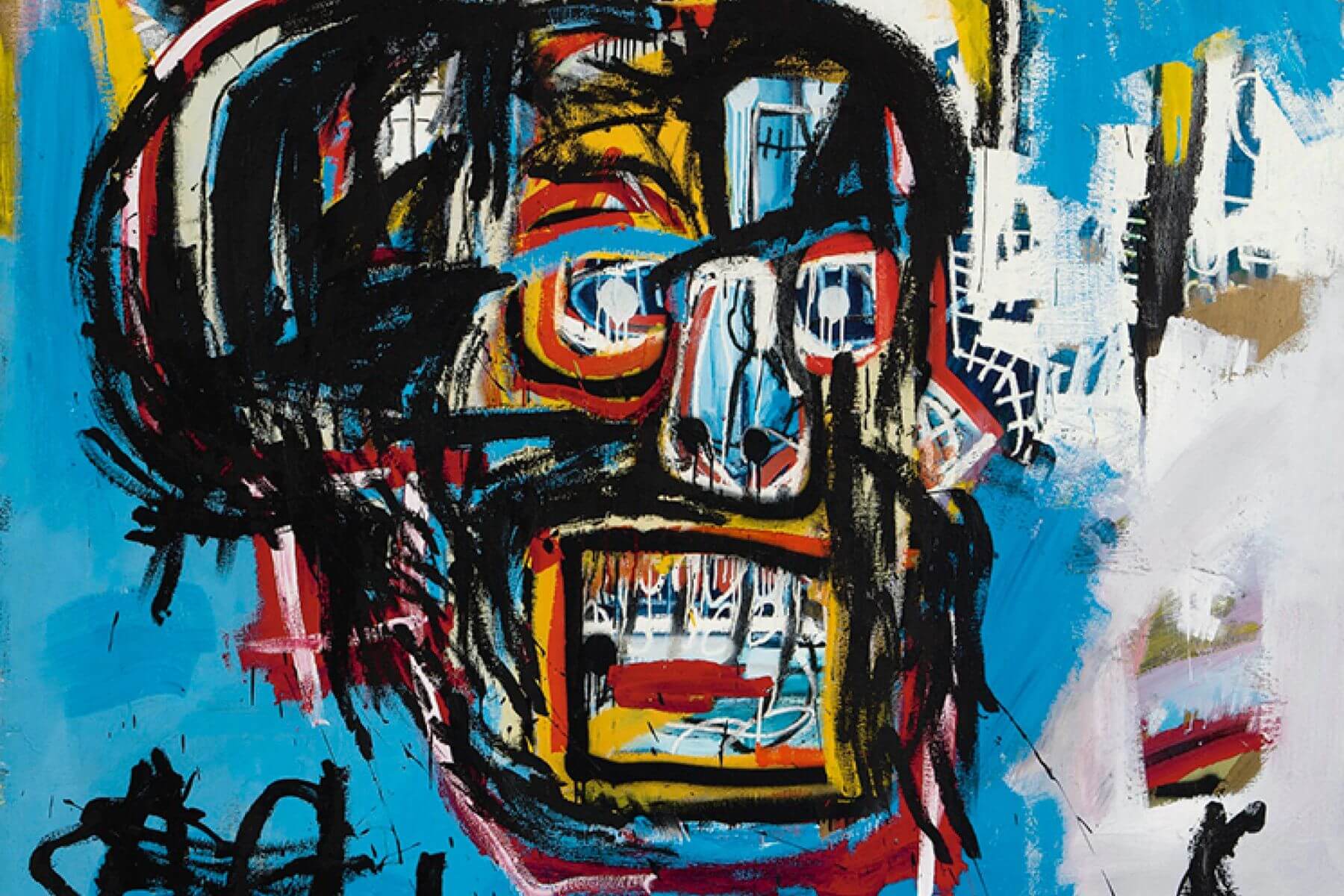 Jean-Michel Basquiat’s vivid skull-like face with red, yellow, and blue accents on electric blue background