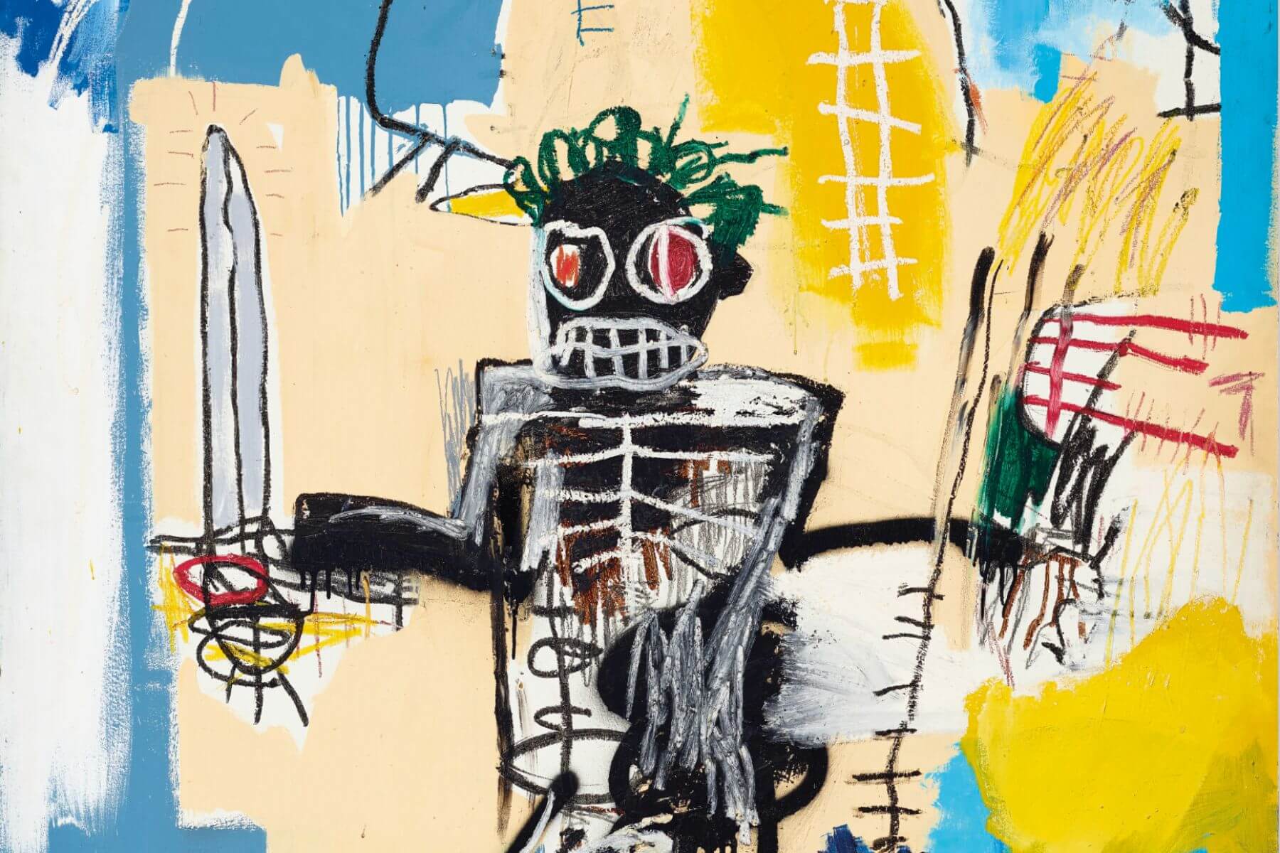 basquiat-warrior-1982-the-lawless-muse Jean-Michel Basquiat’s abstract skeletal figure holding a sword on a pale background with blue and yellow