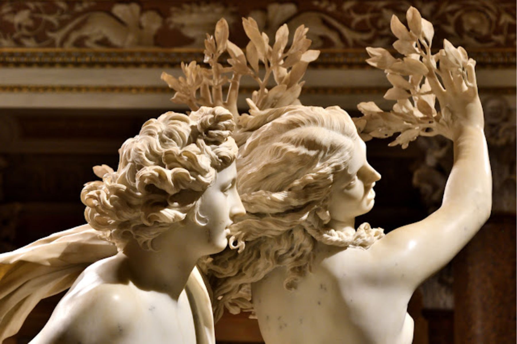 Detail of Daphne’s hand transforming into laurel branches in Gian Lorenzo Bernini’s marble sculpture