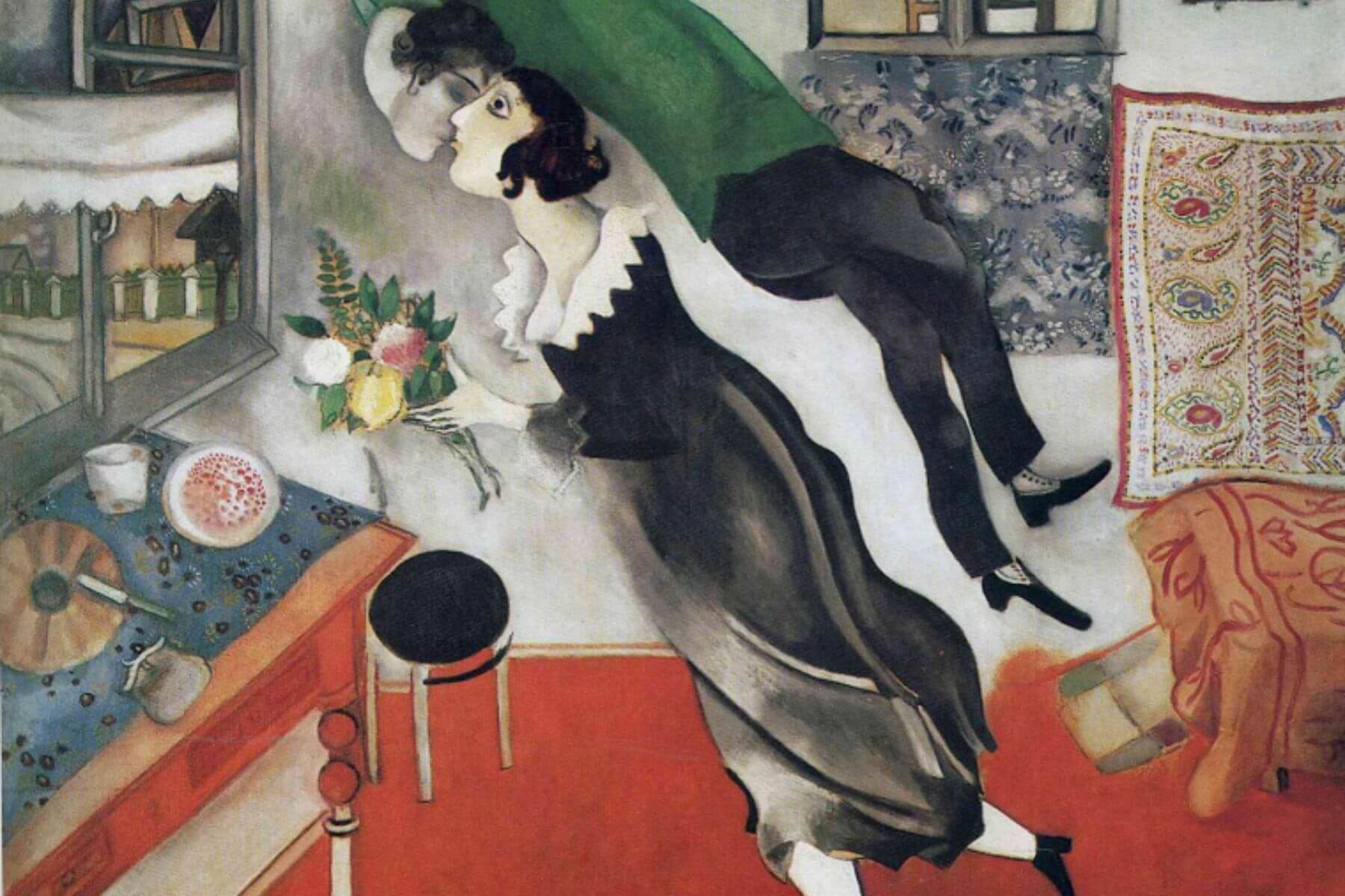 Marc Chagall’s Birthday, a 1915 painting of an ecstatic, gravity-defying embrace, housed at MoMA in New York