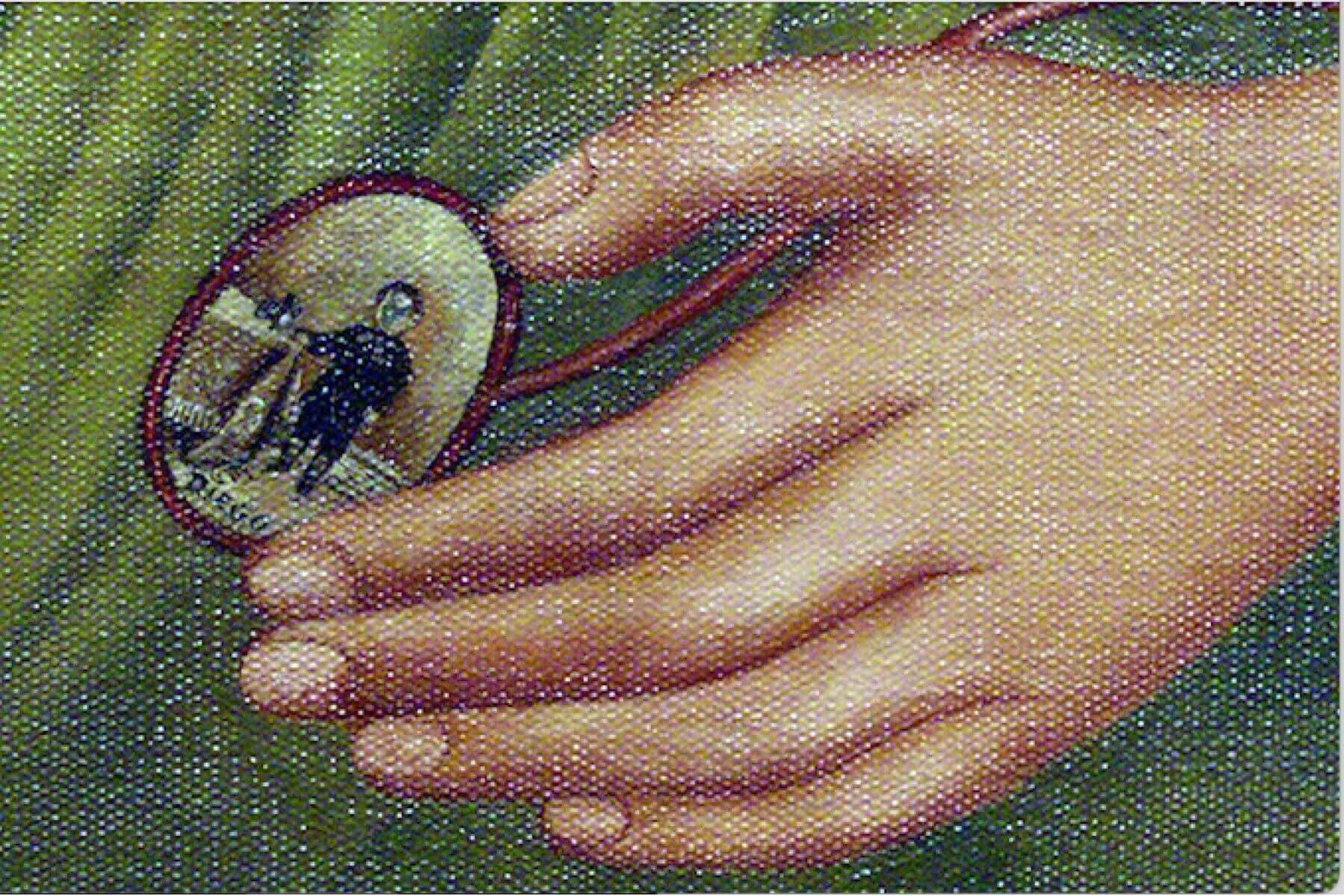 kahlo-medallion-hand-detail-the-lawless-muse Close-up of a medallion held by Frida Kahlo in The Two Fridas, featuring a miniature portrait