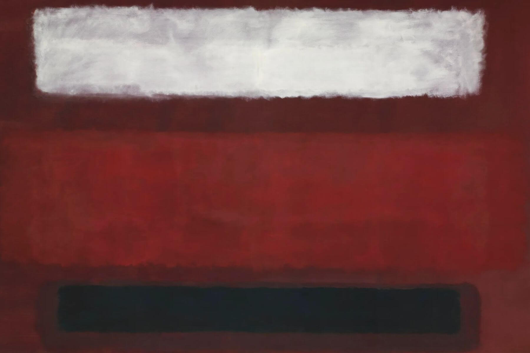 Mark Rothko’s abstract composition with white and black rectangles on a deep wine background