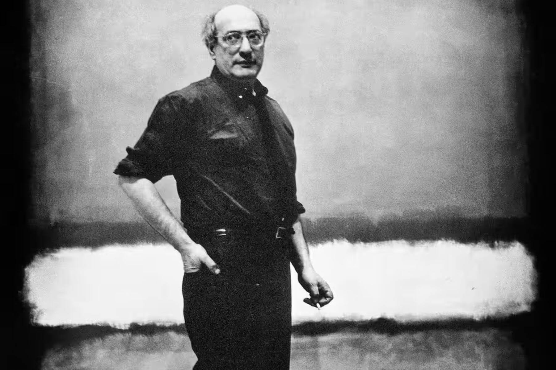 mark-rothko-number-7-portrait-1960-the-lawless-muse Black and white portrait of Mark Rothko standing in front of his painting No. 7, 1960