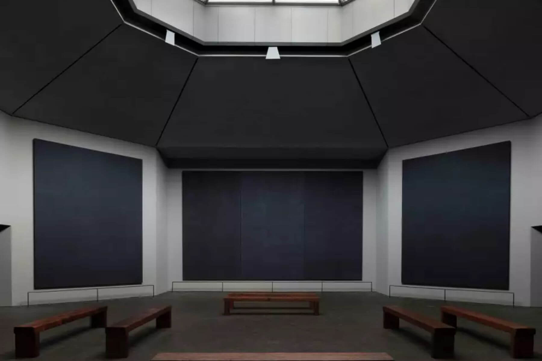 mark-rothko-rothko-chapel-triptych-1964-67-the-lawless-muse Central triptych of dark-toned abstract panels in Rothko Chapel