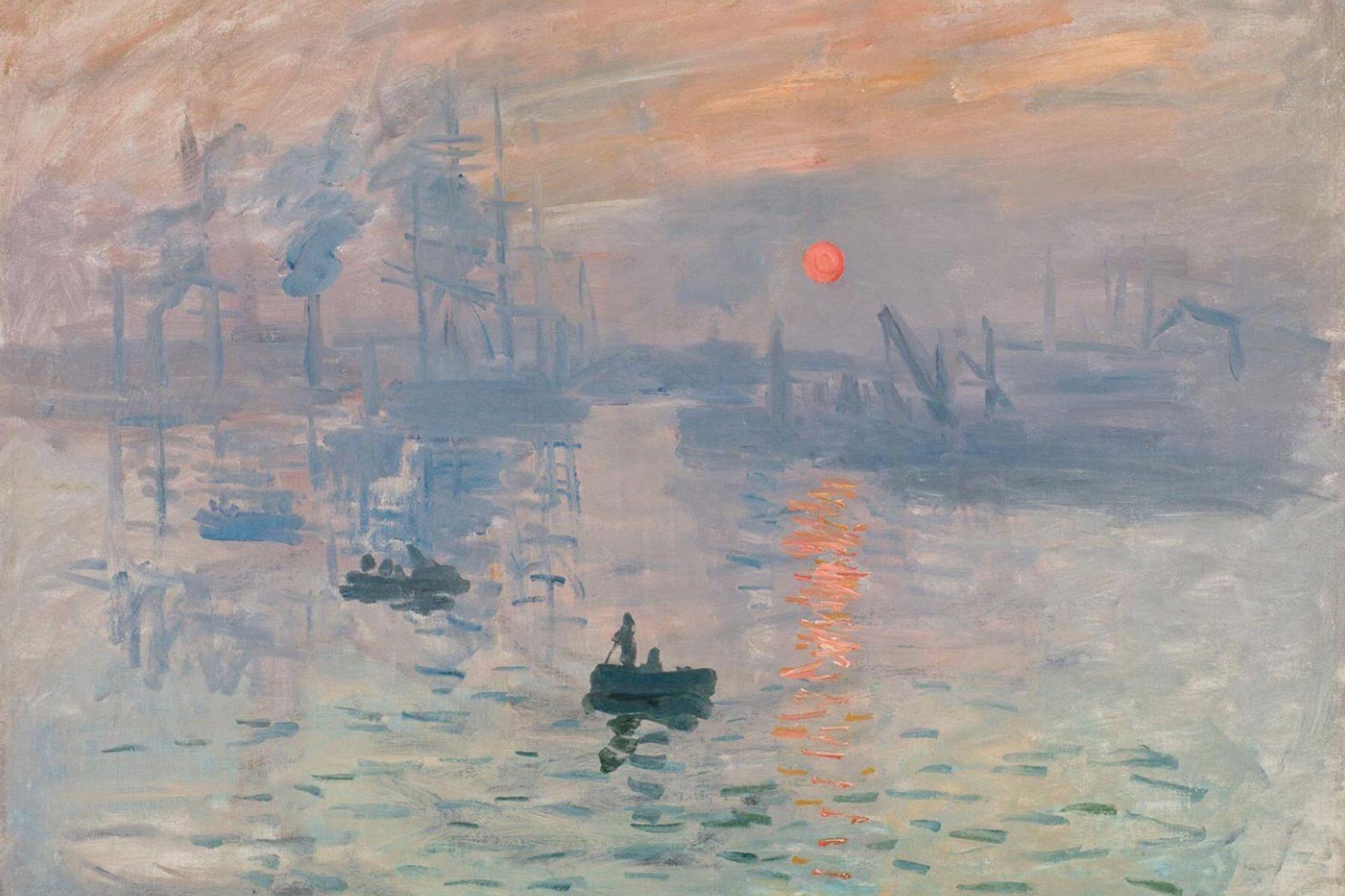 Claude Monet's sunrise over a misty harbor rendered in soft blues and oranges