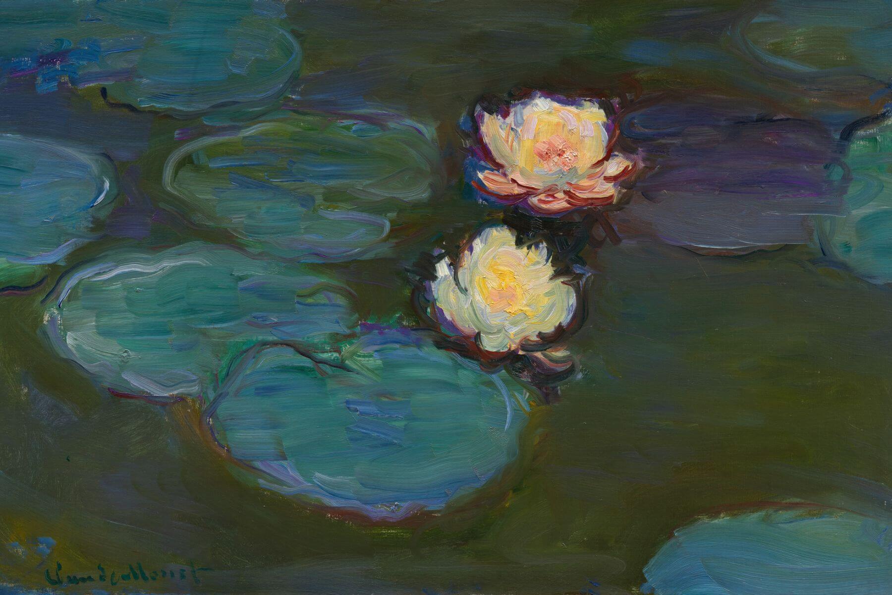 Claude Monet's water lilies floating on the surface of a still pond upclose
