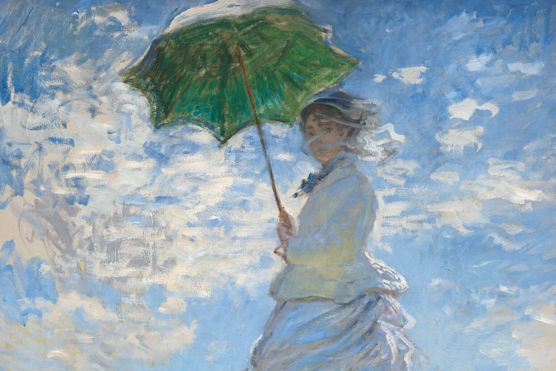 Claude Monet's painting of woman with a white parasol and a child standing in a sunlit field