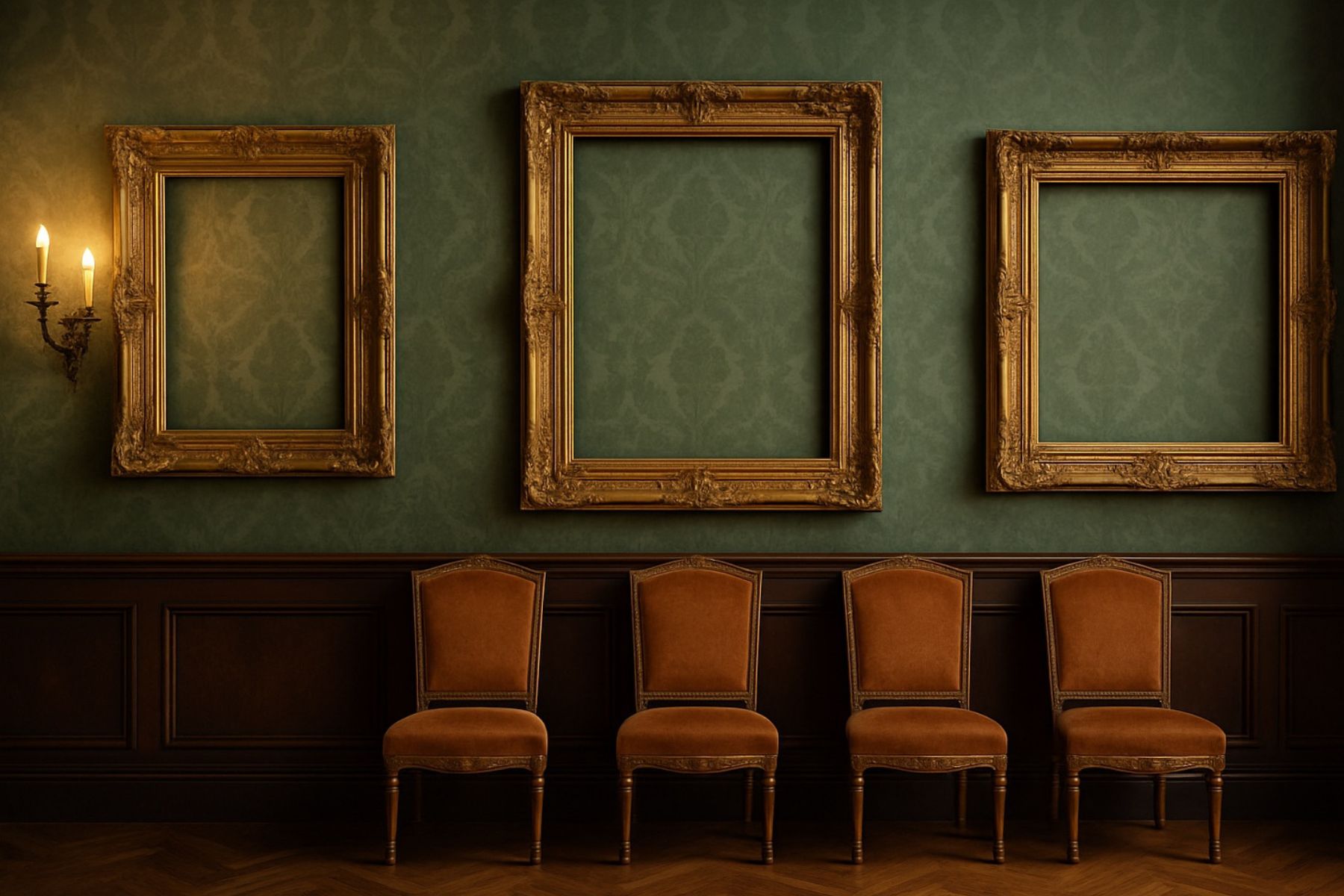 Three empty gold frames on a green damask museum wall above a row of vintage chairs