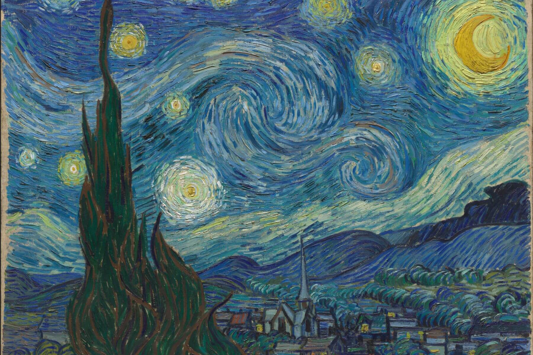 Vincent van Gogh’s swirling night sky with stars over a quiet village and cypress trees