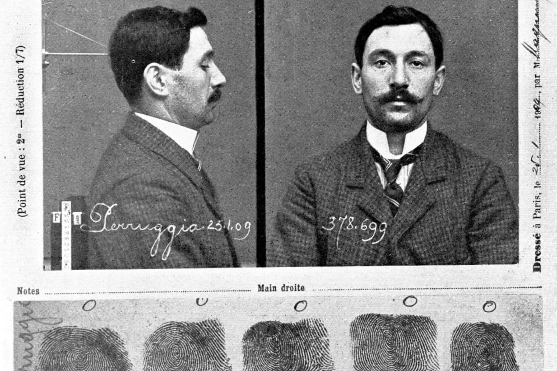 Mugshot of Vincenzo Peruggia, the man who stole the Mona Lisa, taken by Paris authorities in 1909